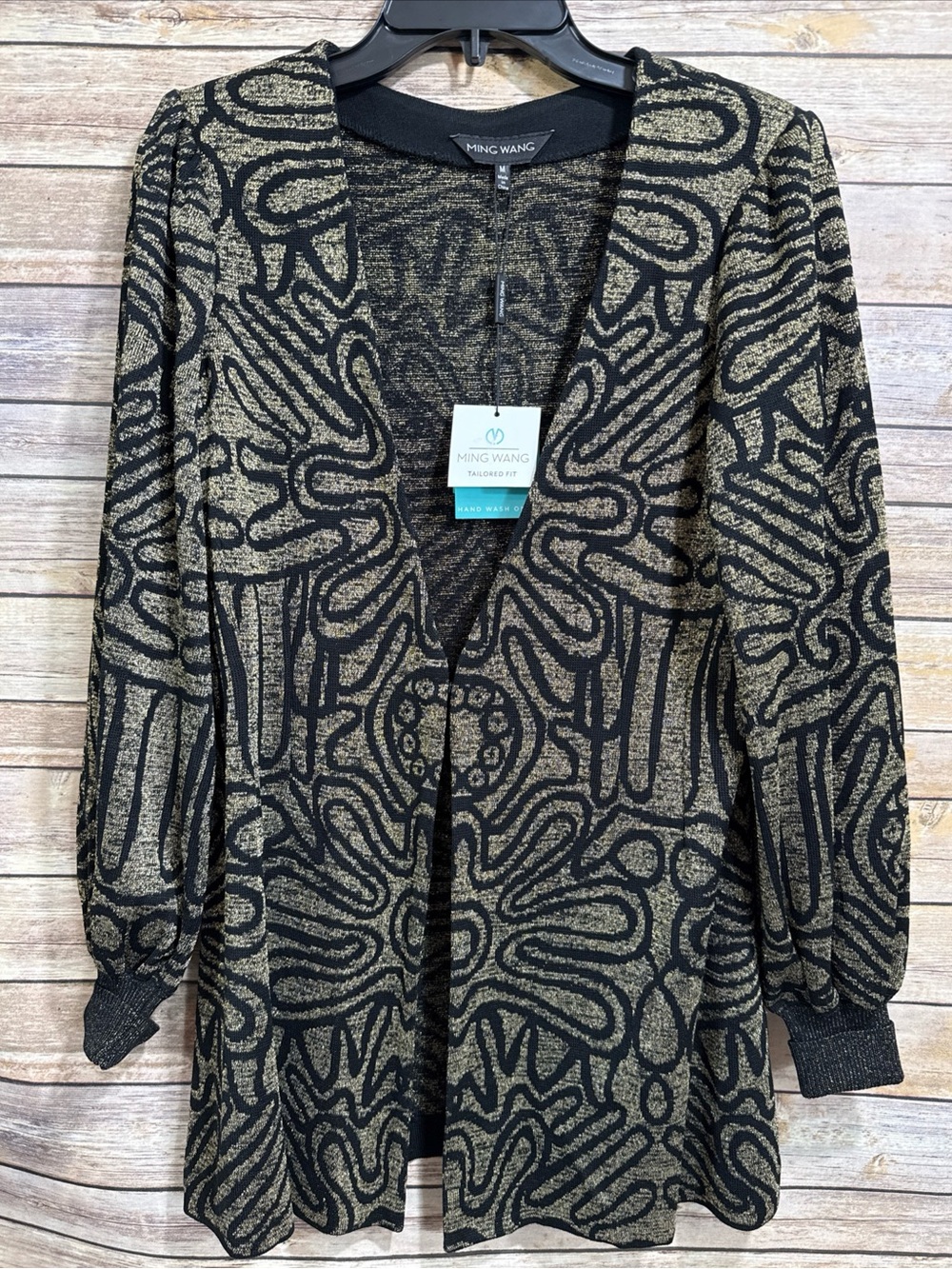 Ming Wang Cardigan Sweater Womens Medium Black Gold Metallic Knit Quiet Luxury